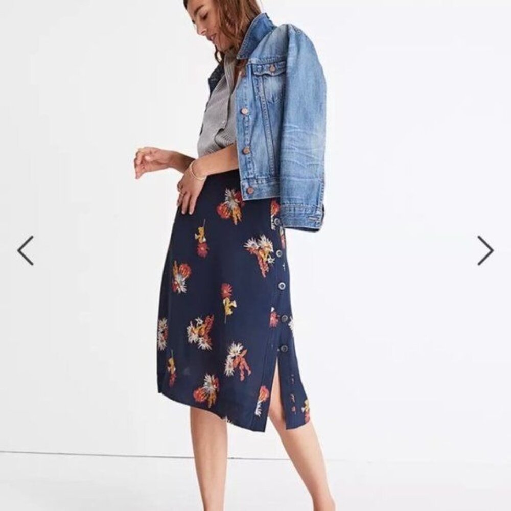 Madewell Silk Side Button Down Skirt S Blue Cactus Flower Lined Midi - Picture 2 of 6